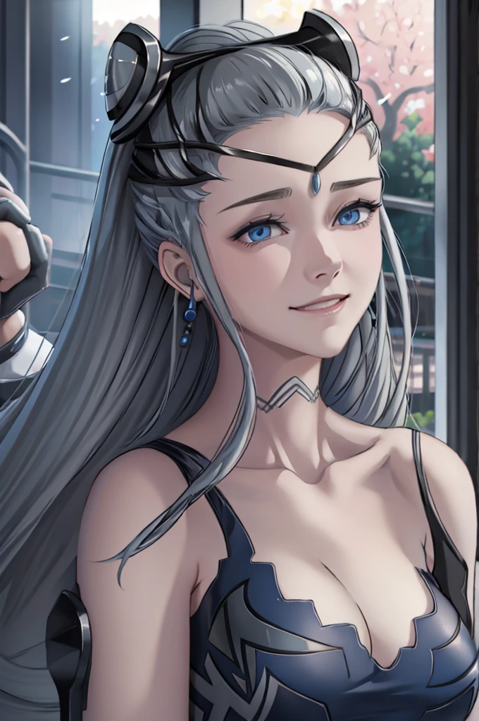 Eir a gray-haired woman with blue eyes Smiling training in a gym one sexy night 