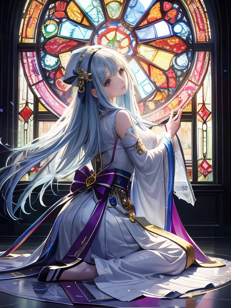 (masterpiece,Highest quality,Highest quality,Official Art,beautifully,Ultra-high resolution,beautiful:1.2)、(One Girl:1.3)、One Girl BREAK stained glass art、Colored Glass、Lead wire、Light transmission BREAK vivid colors、Intricate Design、Luminous effect、Spiritual atmosphere、