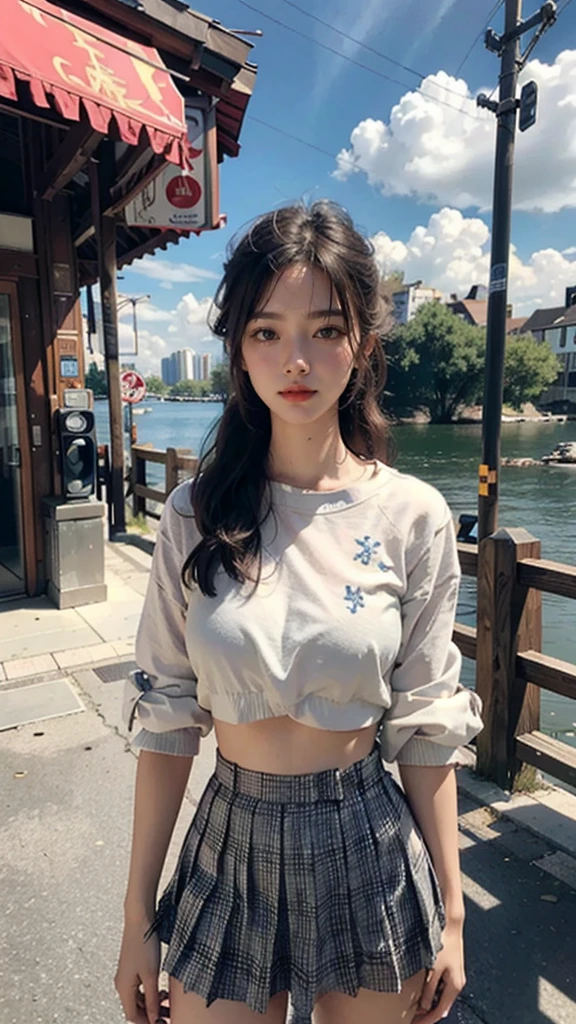 best quality, masterpiece, photo realistic, intricate details, raw photo, photon rendering, octane render, absurdres, ultra detailed, detailed face, detailed skin, trending on artstation,8k masterpiece,cinematic lighting, scenery, scenery, no humans, cityscape, sky, city, cloud, outdoors, building, sunset, city lights, bridge, river, tree, roadn, artist name,pleated miniskirt