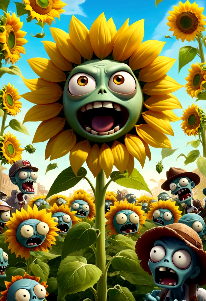 A vibrant and detailed scene from "Plants vs. Zombies 2" in high definition, 4K, with a resolution of 1.2, depicting a strategically placed sunflower defending against a horde of humorously designed zombies. The background is a lush, tropical garden filled with various colorful plants, providing a contrast to the zombies' grungy appearances. The zombies, with their unique personalities, are seen shuffling towards the sunflower, their expressions of determination and hunger evident. The sunflower, on the other hand, projects a sense of resilience and determination, its petals fluttering gently in the wind. The scene is set