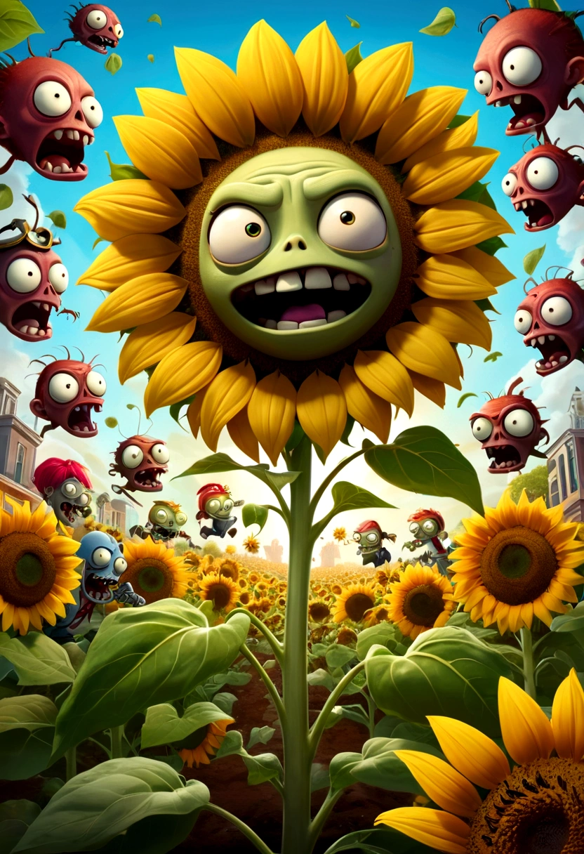 A vibrant and detailed scene from "Plants vs. Zombies 2" in high definition, 4K, with a resolution of 1.2, depicting a strategically placed sunflower defending against a horde of humorously designed zombies. The background is a lush, tropical garden filled with various colorful plants, providing a contrast to the zombies' grungy appearances. The zombies, with their unique personalities, are seen shuffling towards the sunflower, their expressions of determination and hunger evident. The sunflower, on the other hand, projects a sense of resilience and determination, its petals fluttering gently in the wind. The scene is set
