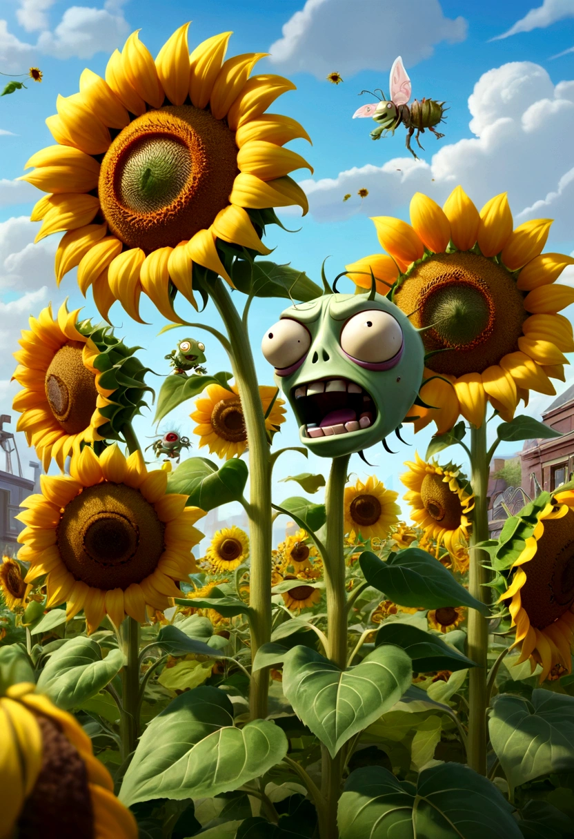 A vibrant and detailed scene from "Plants vs. Zombies 2" in high definition, 4K, with a resolution of 1.2, depicting a strategically placed sunflower defending against a horde of humorously designed zombies. The background is a lush, tropical garden filled with various colorful plants, providing a contrast to the zombies' grungy appearances. The zombies, with their unique personalities, are seen shuffling towards the sunflower, their expressions of determination and hunger evident. The sunflower, on the other hand, projects a sense of resilience and determination, its petals fluttering gently in the wind. The scene is set