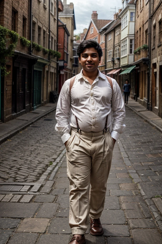  a chubby and endearing 15-year-old Indian boy, standing on a cobbled street in late 18th-century England:

Physical Description: Gopal has a round face with plump cheeks that give him a youthful appearance. His eyes are large and curious, set beneath expressive eyebrows. His hair, dark and slightly tousled, is styled in a manner appropriate for the period.

Attire: He wears a pristine white shirt with billowing sleeves, tucked into breeches that reach just below the knee. Over his shirt, colorful suspenders with intricate patterns hold up his trousers. His shoes are sturdy and suitable for walking on the uneven cobblestones.

Expression: Gopal's face is lit up with a wide, infectious grin, showcasing a row of slightly crooked but endearing teeth. His eyes sparkle with wonder and excitement as he takes in the sights and sounds of the bustling late 18th-century street.

Background: Place him in a bustling street scene typical of late 18th-century England, lined with shops, carriages, and pedestrians in period-appropriate attire. The architecture should reflect Georgian or early Victorian styles, with gas lamps casting a warm glow against the backdrop of a cloudy sky.