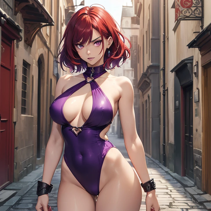 (absurdres, high fantasy artwork, best high quality image, carefuly detailed, very detailed features and textures, detailed color, detailed character, solo alone character multiple views)
{{(1character:  barbarian girl: (scarlet red red red short hair), (purple eyes with black pupils), (very thin lips, white skin, slender figure, medium breasts, huge rounded butt, beautiful arms, broad shoulders, beautiful legs), (she wears: purple one-piece swimsuit), (she looks: seductive pose, very serious face, no sense of humor), (Scenery: medieval irish street celtic forniture)}}