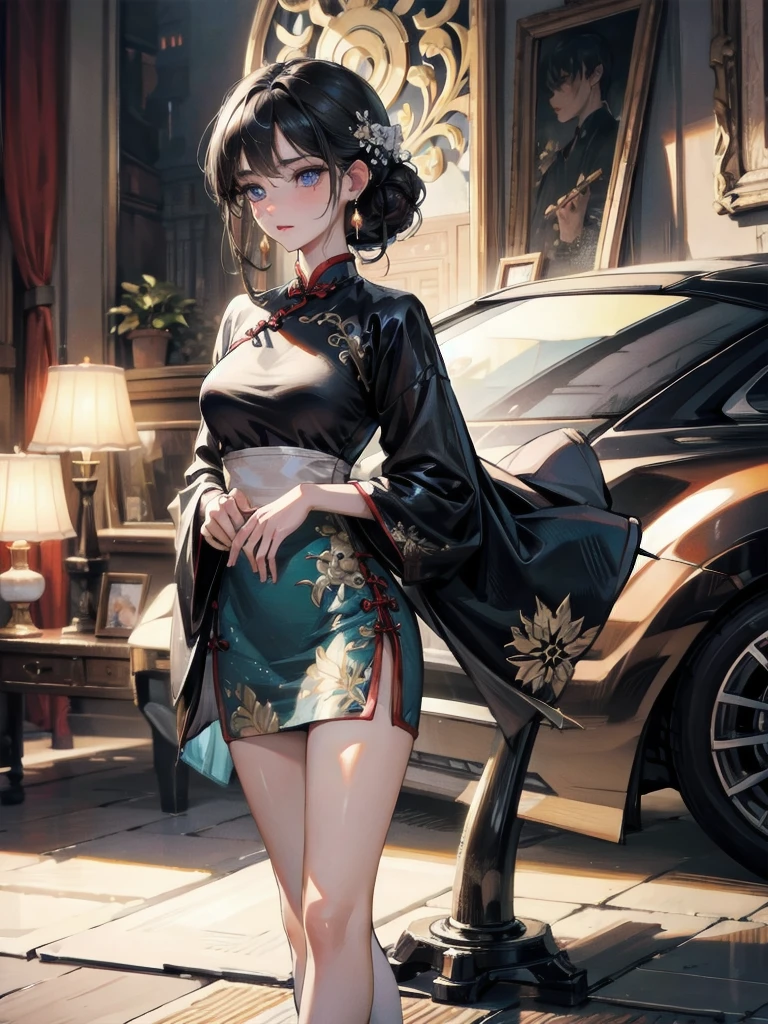 absurdres, RAW photo, extremely delicate and beautiful, masterpiece, Best Quality, ultra high resolution, 32k, hyperrealistic, ultra-detailed, in her 20s, delicate facial features, beautiful detailed girl, extremely detailed eyes and face, beautiful detailed eyes, tearful mole, earring, medium breasts, full body shot, shorter middle hair, black hair, cheongsam
