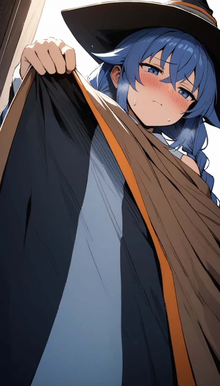 (masterpiece:1.2), Hyper Detail, Highest quality, (Complex_detailed:1.1), Beautiful details, Beautiful Hair, alone,One girl,alone,Roxy Migurdia, Witch Hat, Blue twin braids,Brown cape, shirt,((shirt half off shoulder)),shoulder,Upper Body,Hand holding a cape, sweating,Heavy breathing,vapor,blush,((Open Cape)),greasy shoulder,Half-closed eyes,((From below)),Look down,Reverse hair,Underarm,greasy Underarm, shoulder focus,