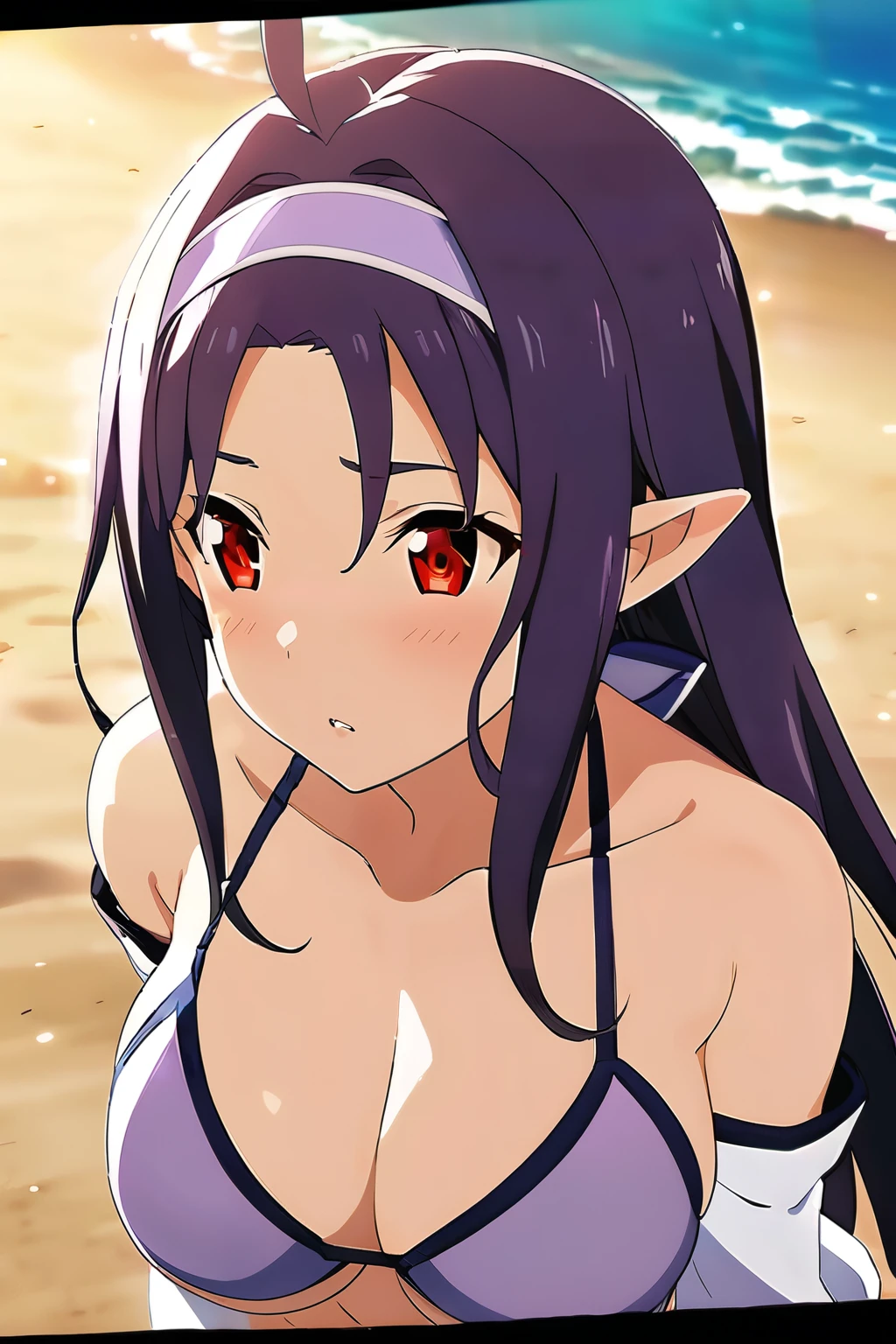 yuuki base, purple hair, long hair, ahoge, red eyes, pointy ears, hairband, bikini, detached sleeves, bikini, purple bikini, bare shoulders, 1girl, solo, big breast ,magical beach, dappled sunlight, sunset, depth of field, cinematic, game cg, anime screencap, official art, masterpiece, best quality,