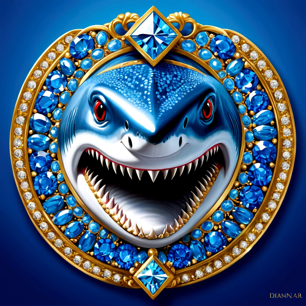The elegant logo is written ("creole art GP") Diamant, ("creole art GP") segurando um Diamant brilhante acima da vista frontal estilo retrato de sua cabeça, shark face,no fundo aparece um gosto de tubarão com os fone de ouvido Diamant brilhante, dark blue. Farbe.