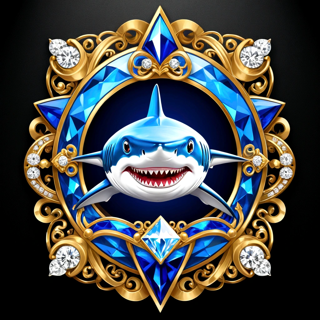 The elegant logo is written ("creole art GP") Diamant, ("creole art GP") segurando um Diamant brilhante acima da vista frontal estilo retrato de sua cabeça, shark face,no fundo aparece um gosto de tubarão com os fone de ouvido Diamant brilhante, dark blue. Farbe.