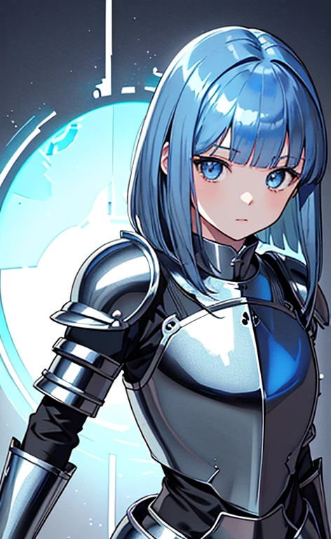 (close to viewer:1.5)、(masterpiece:1.5、Photorealistic:1.4,anime coloring:1.4、high resolution:1.4)、,(spot light:1.2、Exquisite beautiful eye:1.5,)、(stand:1.5)、()、(upper body:1.5)、
(kind eyes、tareme:1.4),()、(Cute Face)、(blue hair:1.5)、(middle hair:1.5),(sidelock :1.6),(blunt bangs:1.3),(1 girl)、(blue eyes:1.2)、(clear face:1.5),()、(solo)、(chromium　metal black :1.5) ,(),(flat chest),(),(armor:1.5),(Leg guard)、()、()、Slim Body(),Shiny Hair、
