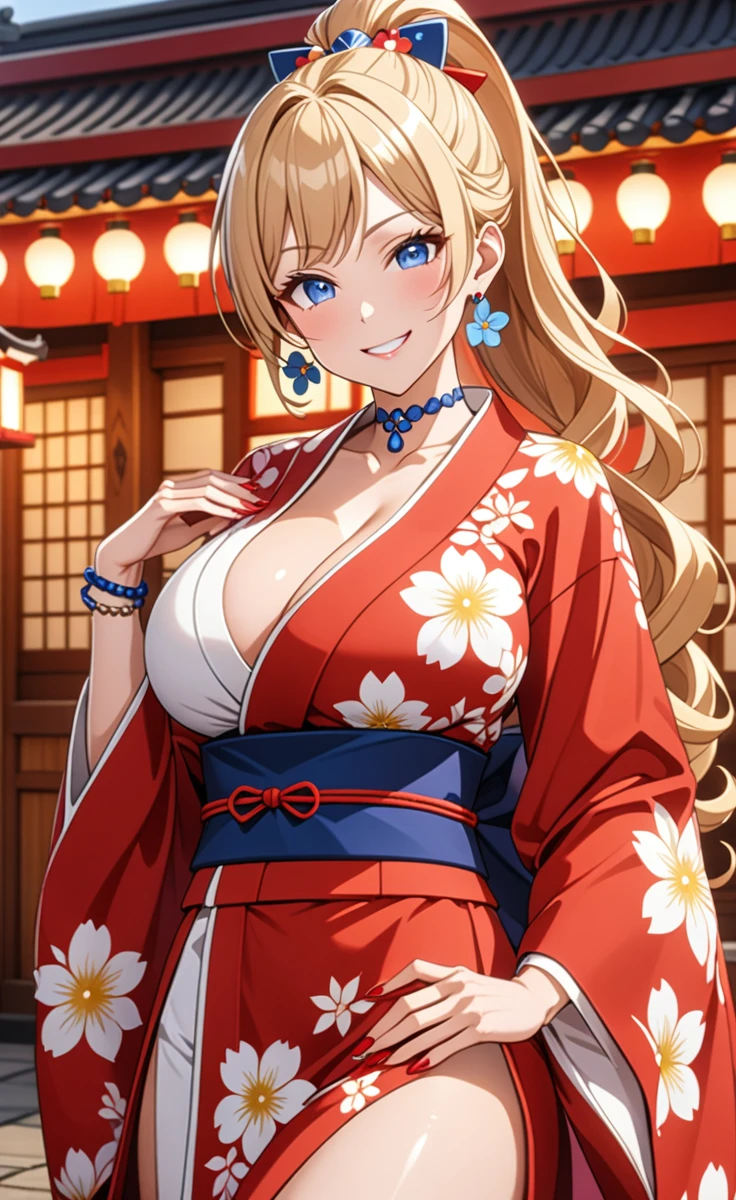 ((one girl)), hyper detailed, absurdres, 8K,Cute face, Beautiful Face, (Laugh shyly), ((teasing smile:1.8)), ((Wink:1.8)), (Laugh with your mouth wide open),(Tilt your head:1.3), View your viewers, ((Bright red cheeks:1.6)),Glossy Red Lips, ((Big Breasts:1.5)) night, Shrine festival stalls, (Brighten your face), ((Anime style background)),masterpiece, Highest quality, so beautiful,Latest, Complex details, (Pink long nails), (nail art), (ring),(bracelet), (Floral Choker),AI-generated, Complex,High resolution, Highest quality, super high quality,3D Images、3D Images,One person,Blonde long hair,(High Ponytail), (Wavy Hair), Anime woman posing for a photo, ((Fine grain、blue eyes、Shining Eyes:1.6)), (Squint your eyes:1.1),a hyperRealistic , hyperRealistic , Realistic,Long blonde anime woman, Smooth anime CG art, Pink large floral patternの刺繍が入った、A girl in a gorgeous kimono, ((White long-sleeved kimono)),(Pink large floral pattern) ,Long flower hair ornament,Floral Earrings,Mature Body, expensive,Abdominal muscles,Tight waist,((Zoom in on face:2.1)), (front view),