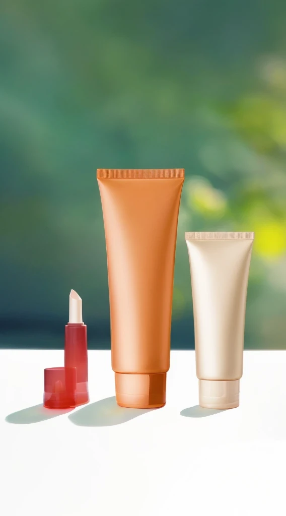 There are three different types of cosmetics on one table, cosmetics, Cleanse the skin of the face and body, skin care, Wide Portrait, skin care, compensate, Crisp, smooth, clean lines, 高品質の局所rendering, photorealistic figure, Highly detailed configuration, Glowing Skin, figure!, rendering, replace, !!Natural Beauty!!, Realistic Scene, highly detailed scenario, Very detailed