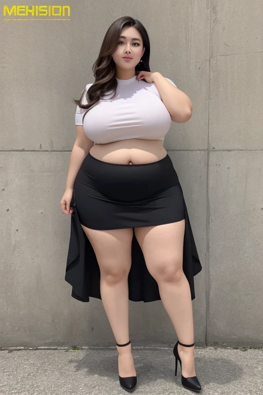 best quality, masterpiece, Weight 120 kg, extreme obesity, severe abdominal obesity, severe visceral obesity, Belly fat is prominent, severe abdominal obesity, mini skirt, high heel, BBW
