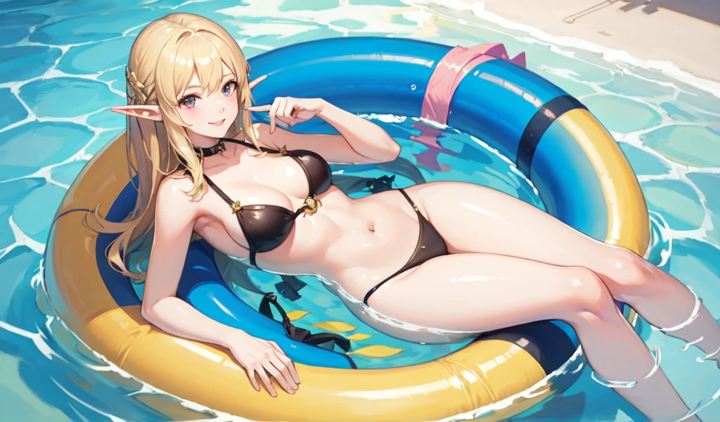 ((Highest quality)), ((masterpiece)), (detailed), 1 Beautiful Elf Woman, Smiling a little,In the pool, innertube,bikini, Frm Above, Seductively Posing