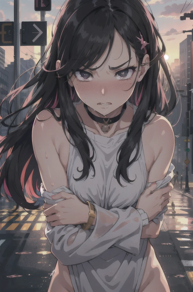highres, highest quallity, illustration,  ultra detailed, (detailed face), (detailed eyes), soft lighting, best quality, hazy glow, dreamy atmosphere, hyper detailed, masterpiece, 1girl, solo,black long hair, (black eyes:1.2), luminous eyes, (colorful),from below, outdoors, clouds, tall buildings in background, industrial, public transportation, urban, concrete, sidewalk,summer, black choker, silver bracelet,(wet:0.8),(sweat:0.8) ,(parted lips:1.3),backlighting, Radiant Sunset, Golden Embrace, Vibrant Twilight, Ablaze in Colors, Serenading Sun, strong facial expression,(sharp eye:1.2),(scowl:1.1), (stare at viewer with stern eyes:1.5),(bitting own lip:1.1),(angry:0.9),nose blush,(shamefull:1.2), surprised, (embarrassed,blush:1.3) ,nsfw,(ecstasy:1.3) ,(slut:1.2),(vulgarity:1.3),(fucked silly:1.1),(steam:1.1),(wet:0.8),(trembling:0.8),(tears:0.7) ,(drooling:0.6),(sweat:0.8), (half open eyes:1.4),(feeling weak:1.5),naked, wince,(orgasm:1.5), awaiting tongue, doggystyle