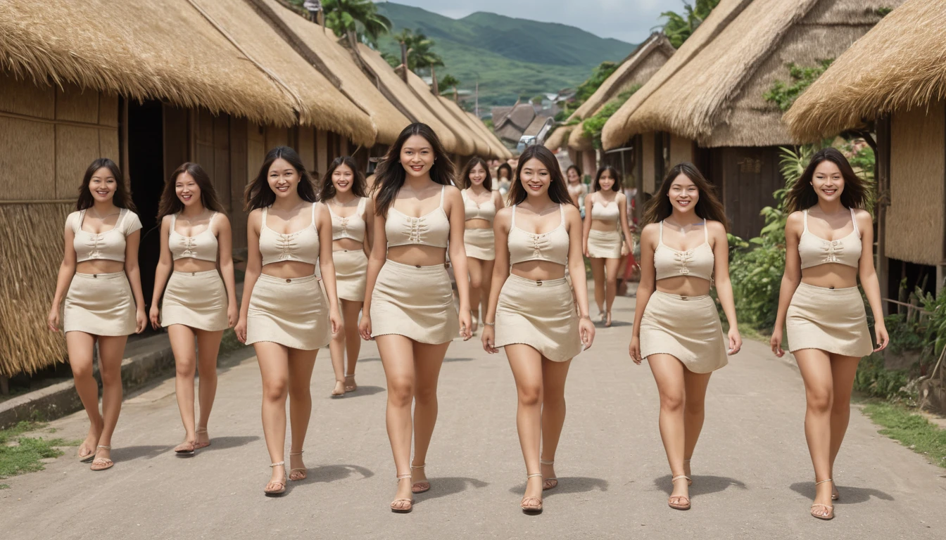 8k, best quality, worked: 1.2), (realistic, photo-realistic: 1.37), highly detailed, (7 girls), The realistic image shows a large group of women wearing short cream-colored skirts, walking between thatched-roof houses. The women in the image appear to be of different ages and short body shapes, and they are all wearing uniform swimsuits. The background shows rows of houses or buildings whose roofs are made of natural materials such as straw or thatch, giving the impression of a traditional village or settlement. The atmosphere of this image looks like a parade or special event involving many female participants. , breasts, beautiful eye details, (ripped dress: 1.1), ((sexy)), (beige shabby bikini), curvy body, (full body), standing, sexy,