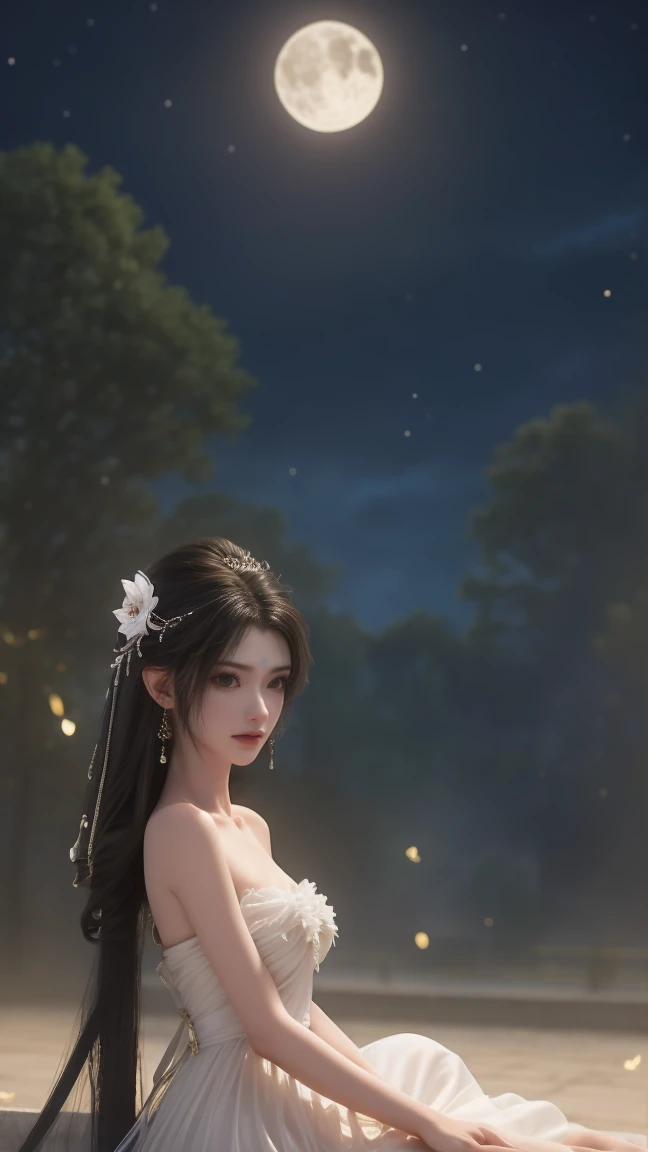 1girl, girl with long black hair, smiling, cheerful, the girl wore a long white dress which was elegant and beautiful , girl is sitting among a wide expanse of flowers, surrounded by beautiful flowers, Calm and peaceful atmosphere, night, moonlight , Beautiful glowing butterflies surround the girl lighting up the darkness of the night, magic,Romantic, the night breeze blows the Sepoi Sepoi girl's hair, 