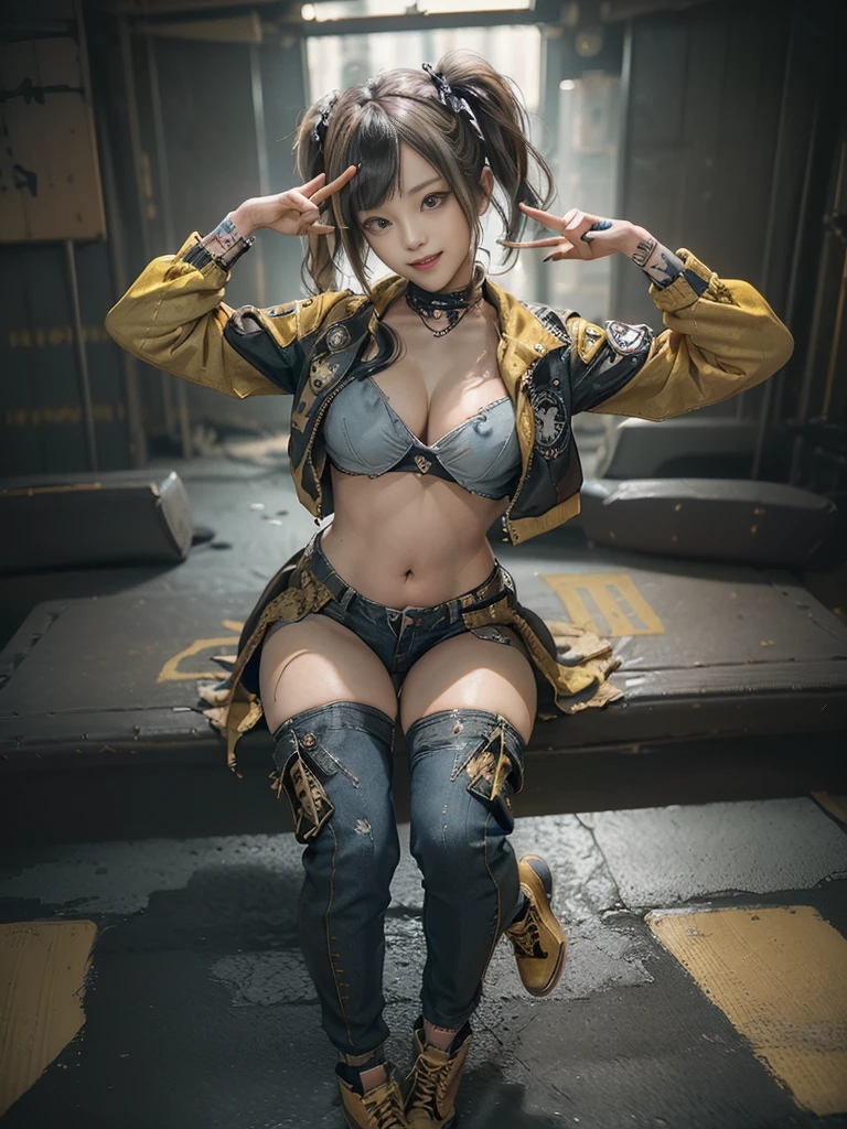 (Full Body View:1.3)、(Side view:1.1)、(Hostess:1.3)、(Smiling with teeth showing:1.3),(Shibuya Gal:1.5)、(y2k woman:1.4)、(ta Fashion:1.5)、(Punk RockVisual Kei:1.4)、(Modern black and yellow military short jacket:1.5)、(Tattered brown and turquoise denim low rise cargo pants:1.5)、(Mustard Yellow Headband:1.3)、(Yellow and blue bodysuit:1.4)、collar、(Brown platform long boots)、(Clothing with logo pattern:1.4)、20-year-old、(Doing an aerobics pose:1.3)、NSFW,((Highest quality、In 8K、masterpiece:1.3))、Sharp focus:1.2、(Layered Cut、Huge boobs:1.1),Beautiful woman with perfect figure:1.4、(Doing an aerobics pose:1.3)、(Open legs:1.3)、(Raise your arms:1.2)、(Open your crotch:1.3)、Slender Abs:1.2、Butt、Highly detailed face and skin texture、Detailed eyes、double eyelid,(Twin tails:1.3)、(Golden Hair:1.3)、Dynamic Pose、Obscene pose、Humiliating pose、Gravure idol、(A vast, sprawling metropolitan battlefield:1.3)、(Make your legs thinner:1.4)、(Slim body:1.3)、(clavicle:1.1)