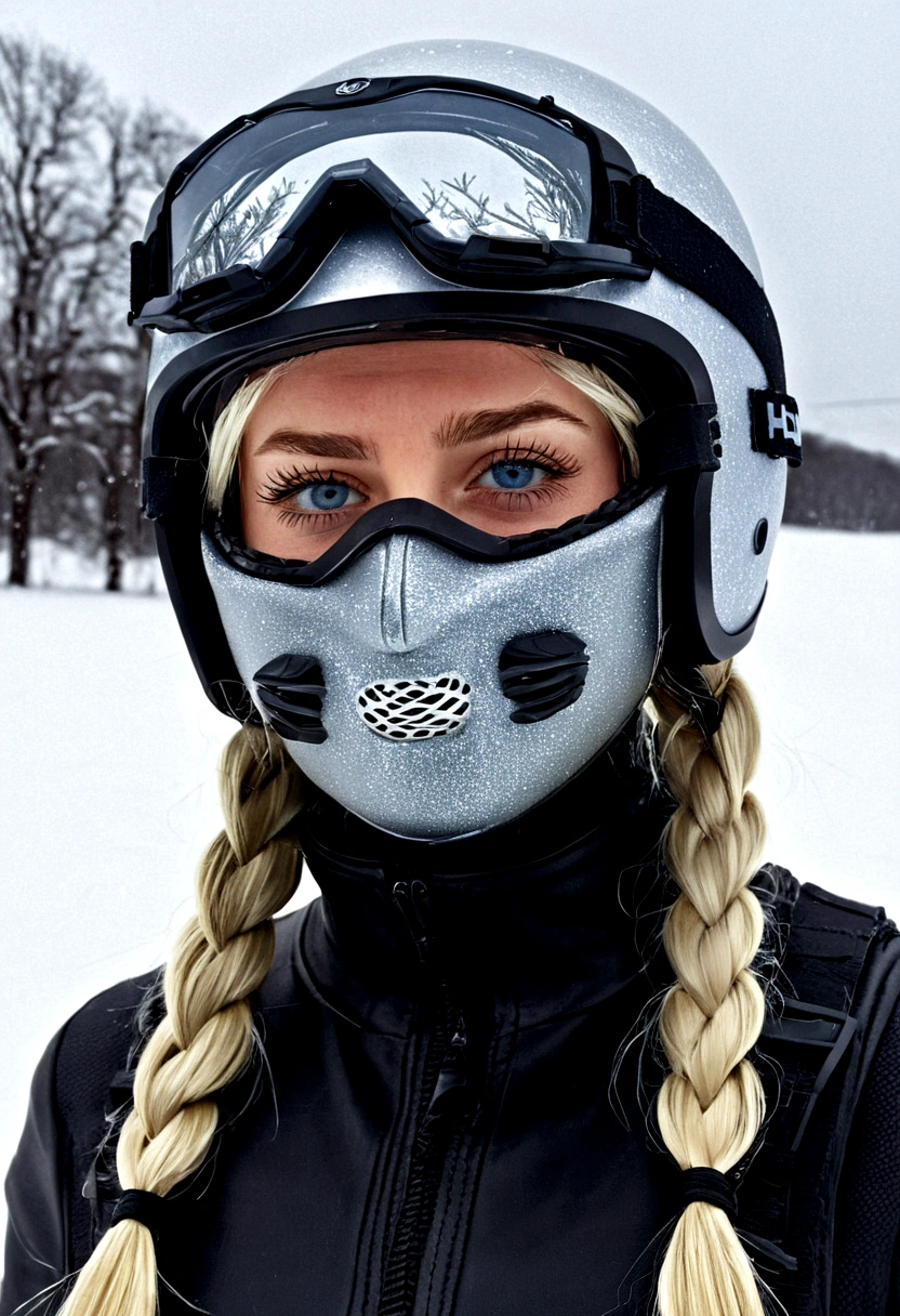 1girl, solo, long hair, looking at viewer, blue eyes, blonde hair, upper body, braid, eyelashes, single braid, mask, helmet, goggles, portrait, hair over shoulder, snow, goggles on head, snowing, realistic, winter, silver hair, braid, mask, tears, glowing eyes, makeup, open mouth, blurry, Surrealism, depth of field, sparkle, glowing light, god rays, cinematic lighting, UHD, masterpiece, best quality, 16k, award winning, textured skin
