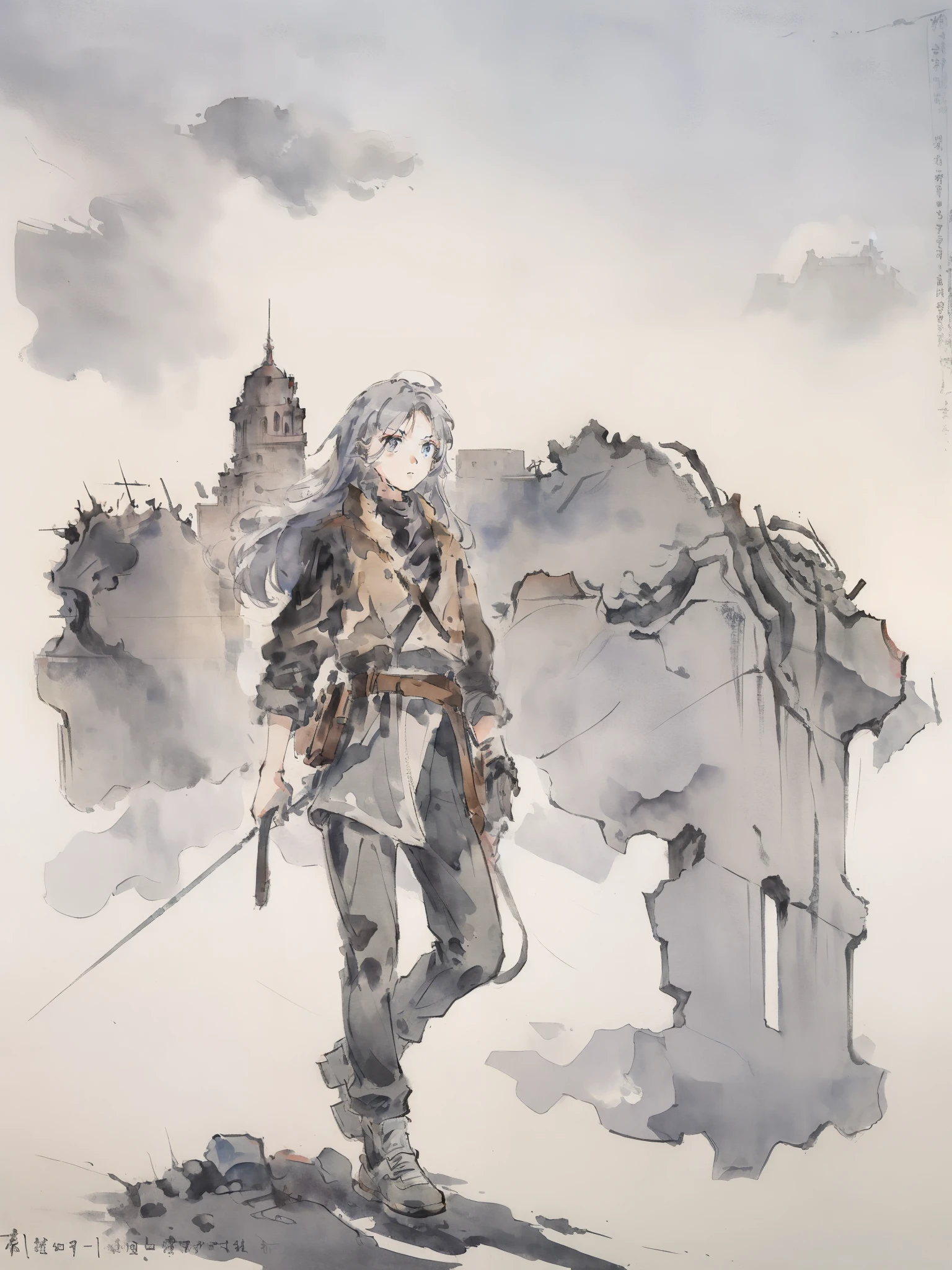 Masterpiece, Highest quality, Low Contrast((must))A Russian girl in her early 20s with ash grey hair, Head to toe full body, Fully equipped with mechanical protectors, In the ruins, The face is precise((must))