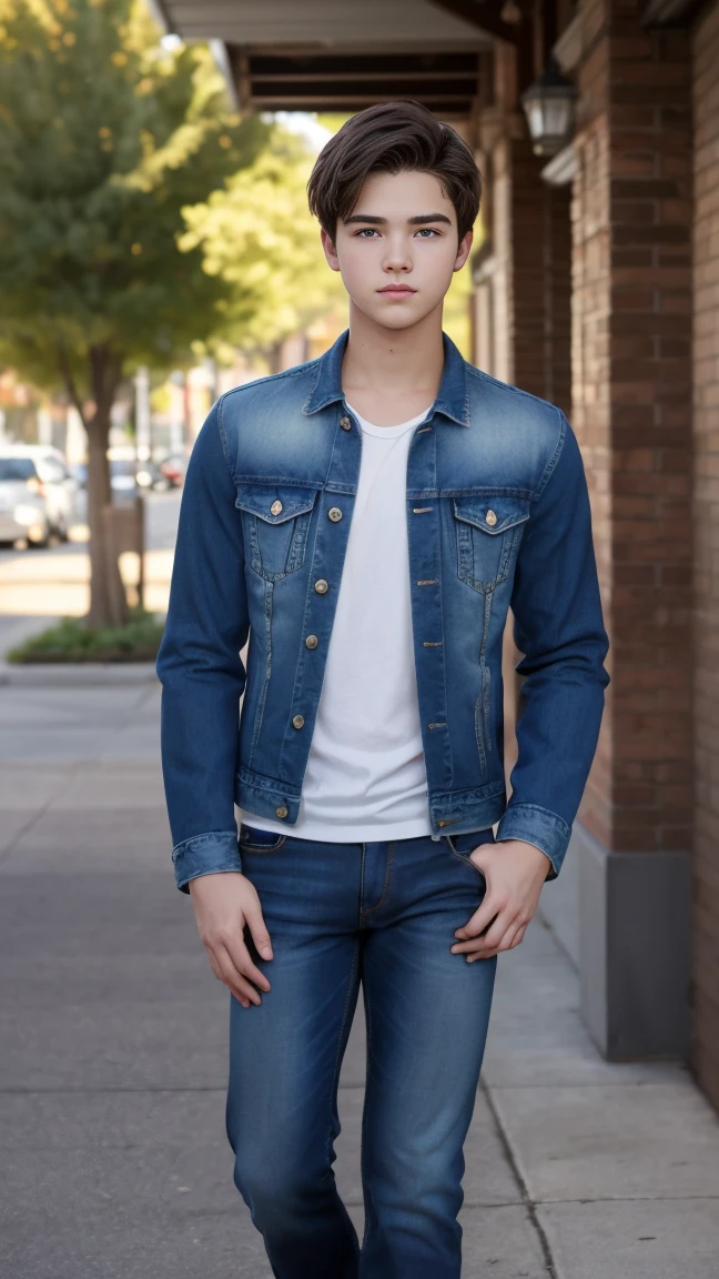 Nathan Kress, ((18 years old, medium dark-brown hair, hazel eyes)), defined jawline, extremely detailed face, jean jacket, dark blue jeans, full body shot