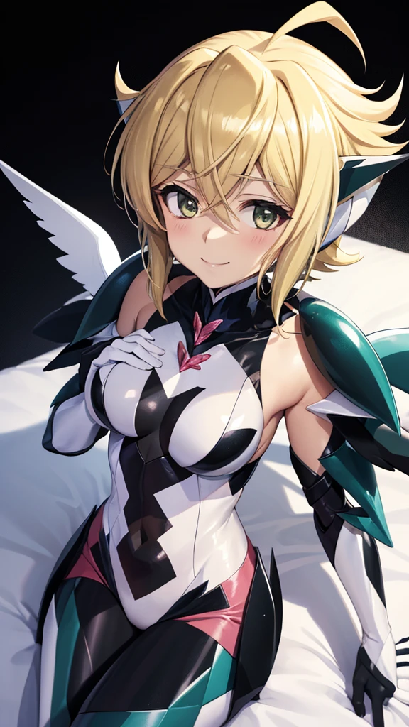 Erotic　Symphogear Akatsuki　Blonde　White sequins rubber suit black background heart bedroom dark theme evil temptation excitement condescending smile sexy pose white angel wings angel white bird wings hands on chest