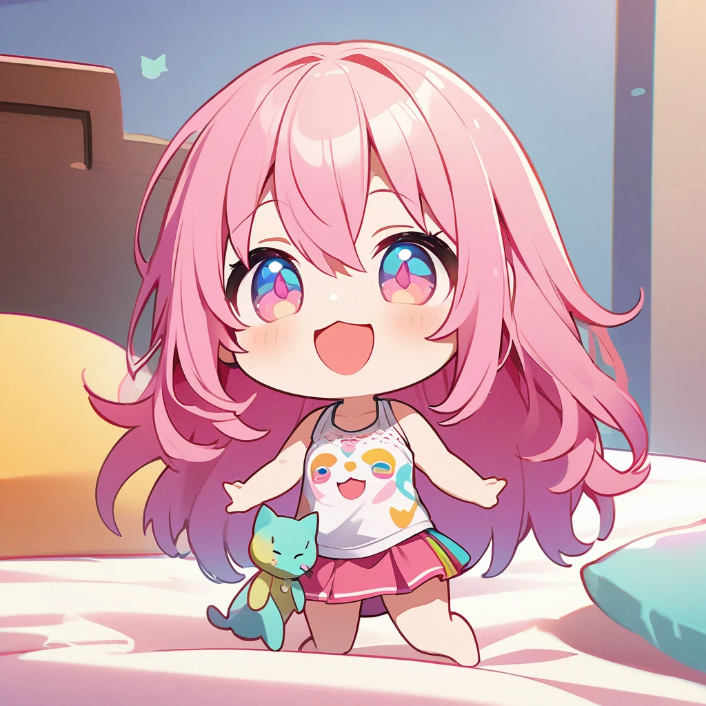 masterpiece、Highest quality、Depth of subject、((2D illustration))、1 beautiful girl、((colorful))、(((chibi style)))、((Long, beautiful hair))、Bright pink hair、hair between eyes、cute、Beautifully detailed eyes、Tank top、((mini skirt))、(((vivid color))、((bed))、((full body shot))、((Very happy face))、((kitten))、stuffed toy、((There's a lot of pink around))、((Lens flare))、White light is shining、My whole body was filled with light