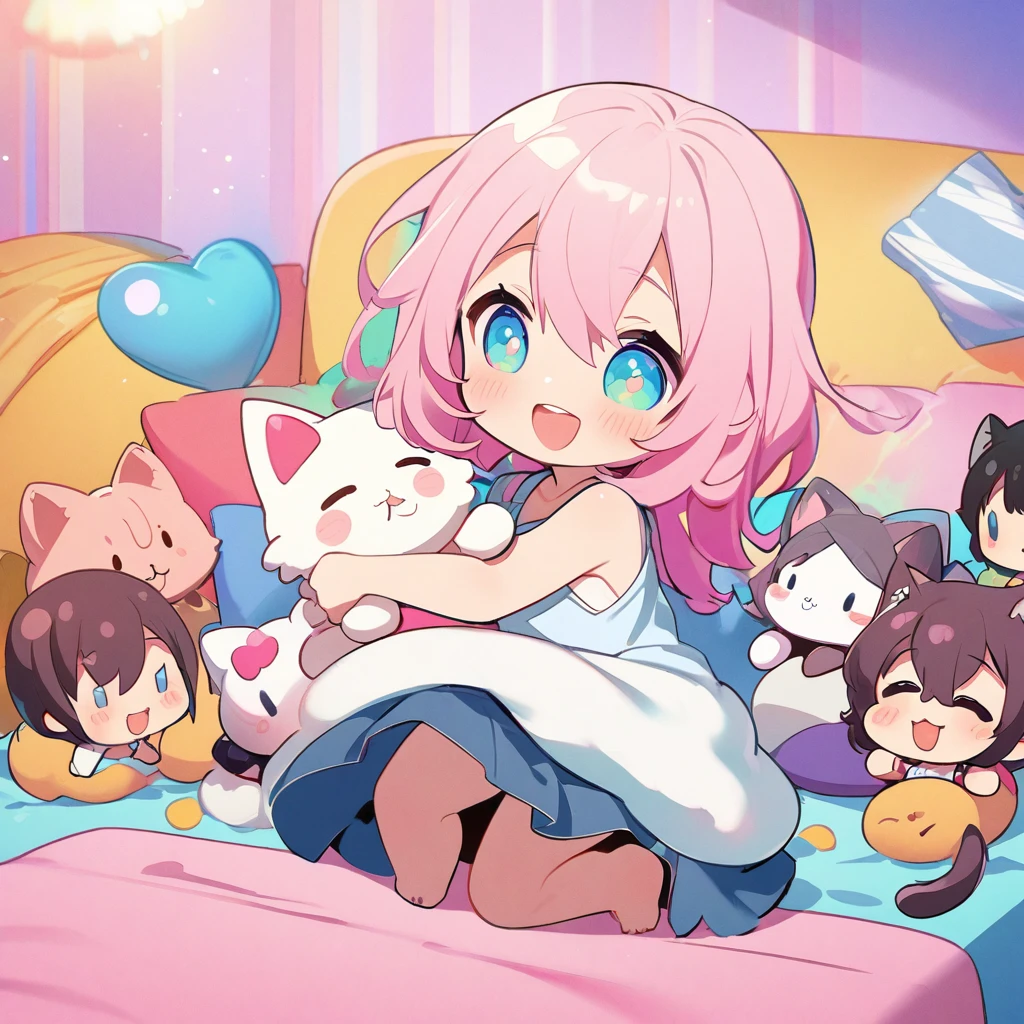 masterpiece、Highest quality、Depth of subject、((2D illustration))、1 beautiful girl、((colorful))、(((chibi style)))、((Long, beautiful hair))、Bright pink hair、hair between eyes、cute、Beautifully detailed eyes、Tank top、((mini skirt))、(((vivid color))、((bed))、((full body shot))、((Very happy face))、((kitten))、stuffed toy、((There's a lot of pink around))、((Lens flare))、White light is shining、My whole body was filled with light