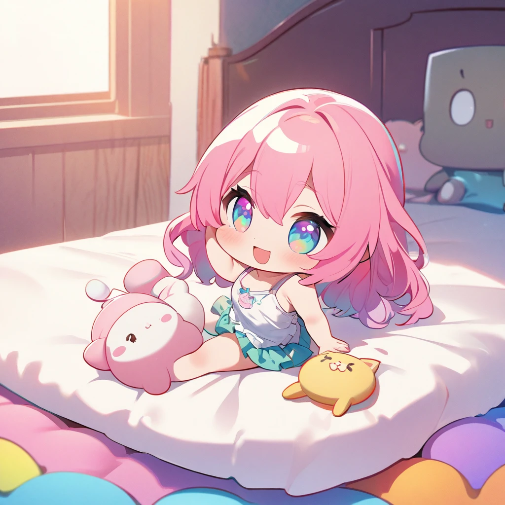 masterpiece、Highest quality、Depth of subject、((2D illustration))、1 beautiful girl、((colorful))、(((chibi style)))、((Long, beautiful hair))、Bright pink hair、hair between eyes、cute、Beautifully detailed eyes、Tank top、((mini skirt))、(((vivid color))、((bed))、((full body shot))、((Very happy face))、((kitten))、stuffed toy、((There&#39;s a lot of pink around))、((Lens flare))、White light is shining、My whole body was filled with light
