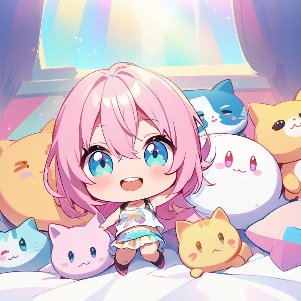 masterpiece、Highest quality、Depth of subject、((2D illustration))、1 beautiful girl、((colorful))、(((chibi style)))、((Long, beautiful hair))、Bright pink hair、hair between eyes、cute、Beautifully detailed eyes、Tank top、((mini skirt))、(((vivid color))、((bed))、((full body shot))、((Very happy face))、((kitten))、stuffed toy、((There&#39;s a lot of pink around))、((Lens flare))、White light is shining、My whole body was filled with light