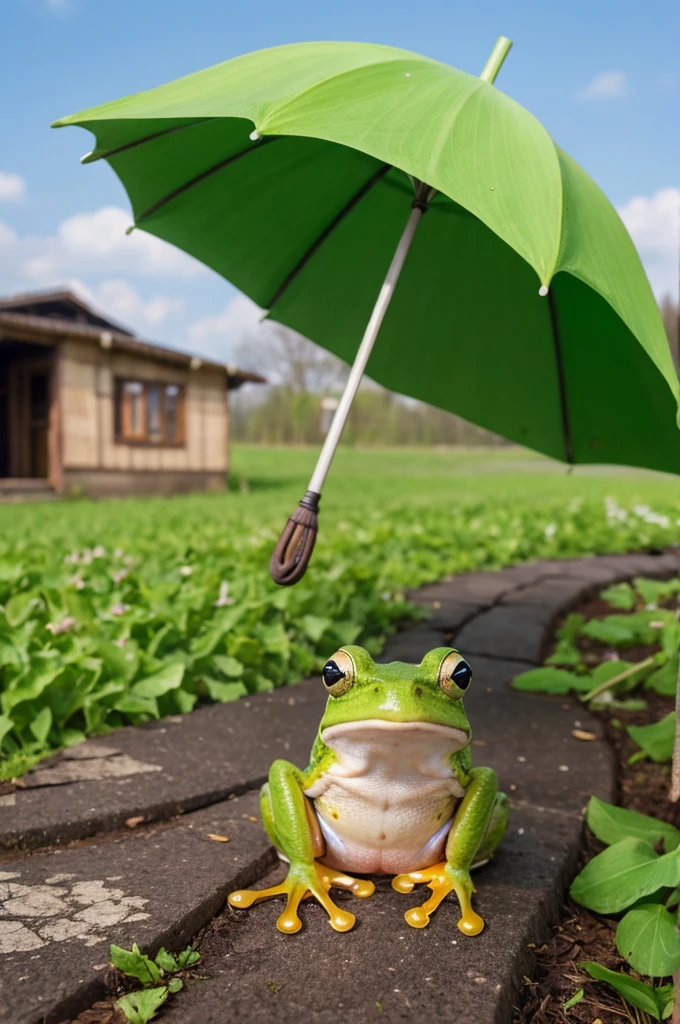 A frog uses a butterbur sprout as an umbrella on a sunny day