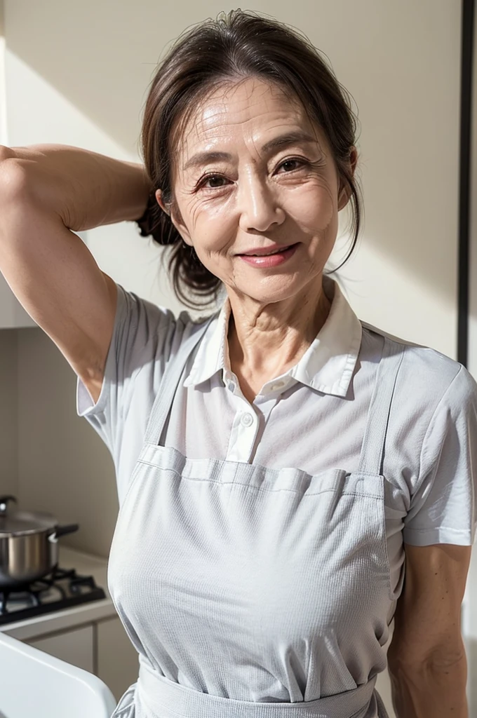 (masterpiece:1.4),(66-year-old woman:1.5),(facial wrinkles 1.2), (hair tied up : 1), A kind smile,maternal, Mature Woman, (white apron : 1.3), (short sleeve collared uniform : 1.2), acnes, skin blemishes, fleckles,(muscular arms : 1.2), kitchen