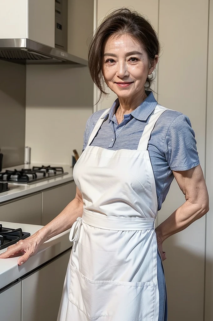(masterpiece:1.4),(63-year-old woman:1.5),(facial wrinkles 1.2), (long седые hair : 1), A kind smile,maternal, Woman, (white apron : 1.3), (sleeveless uniform : 1.2), acnes, skin blemishes, fleckles,(plump arms : 1.3), kitchen
