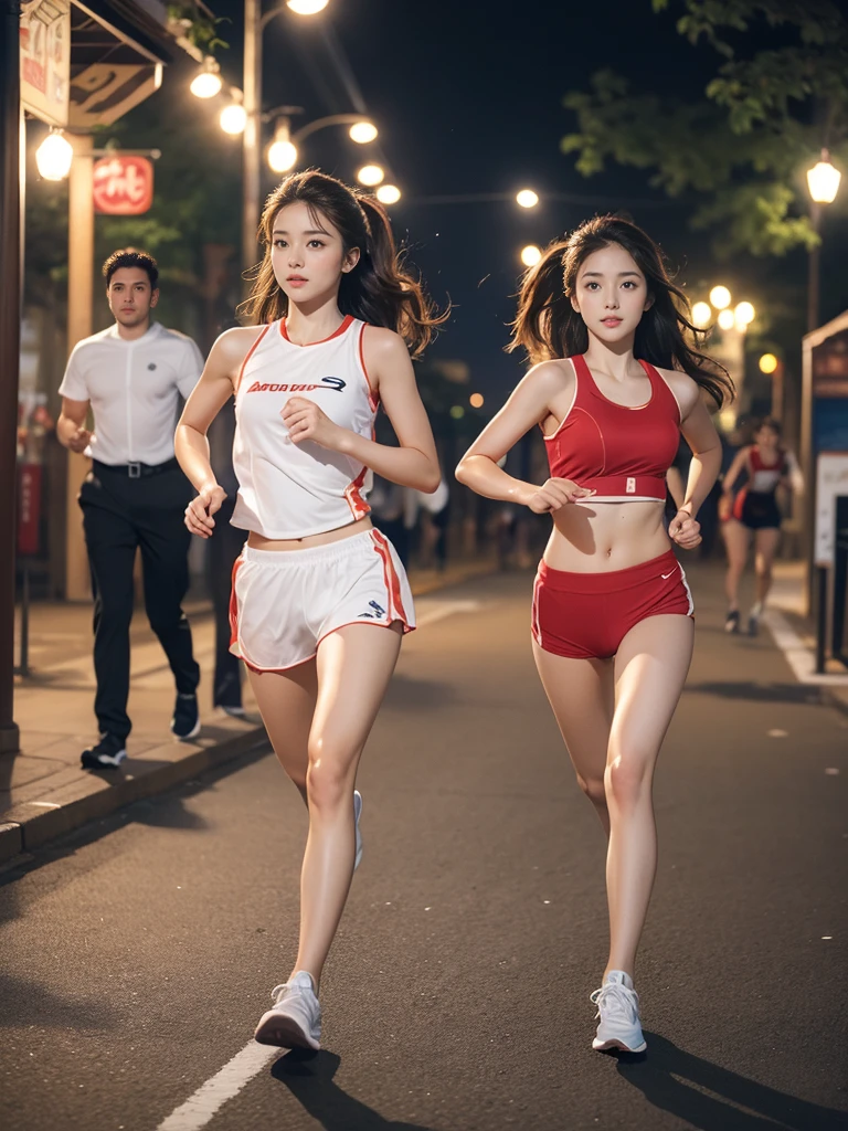 highest quality、4K、Beautiful lady、Perfect Face、Perfect Style、Model、perfect body、Sunburn、beautiful lady、mature、long curly layer brown hair、Swept-back hair、full body, sexly 、charming、healthy、running、sports wear、at night park