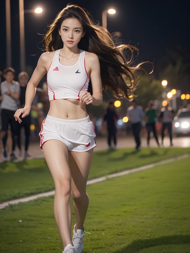 highest quality、4K、Beautiful lady、Perfect Face、Perfect Style、Model、perfect body、Sunburn、beautiful lady、mature、long curly layer brown hair、Swept-back hair、full body, sexly 、charming、healthy、running、sports wear、at night park