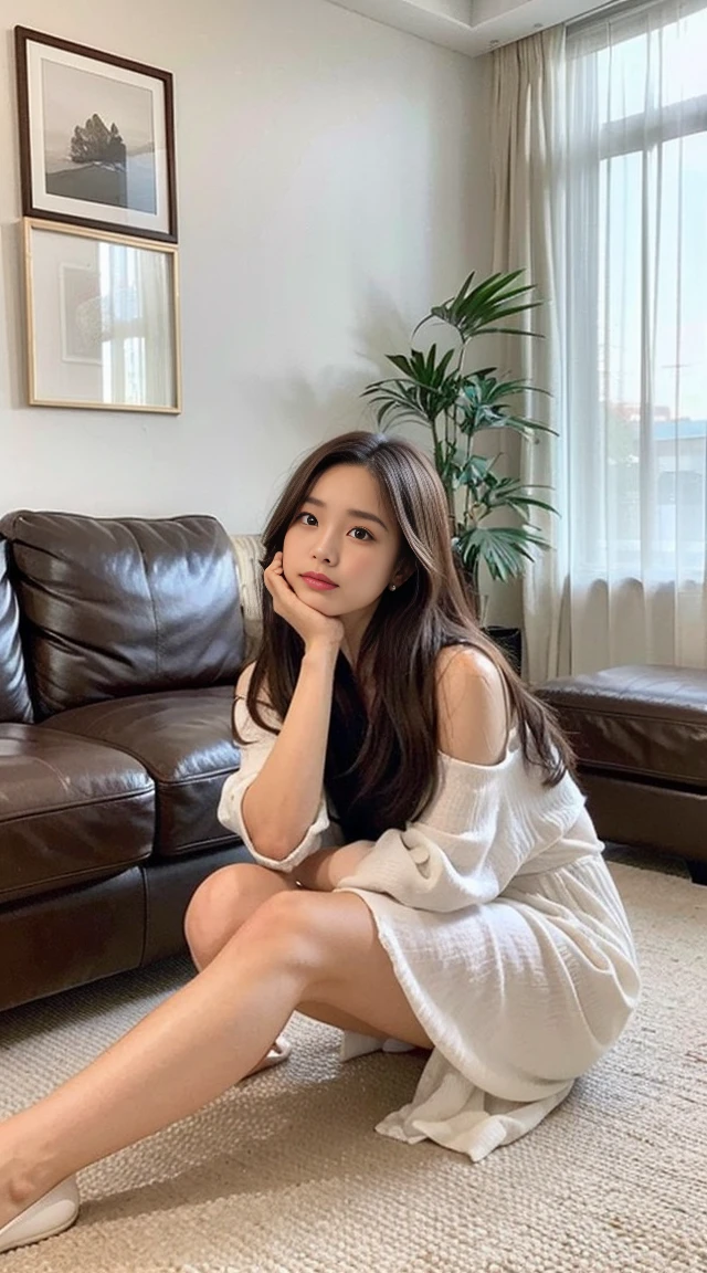 Dark brown hair、Light brown eyes、Japanese actress、 Lady、I am about 40 years old..、(Intricate details:1.2)、(Which one is on top??:1.4)、 (Ultra-high resolution:1.2)、Ultra-high resolution、(Finely tuned)、(Detailed facial features)、Hmph、8K resolution、D cup size breasts、Long Hair、Bright, sunny living room、Large windows、Extravagant space、relax、、,Full body photo、Head to toe shot、Beautiful legs、Loose dress、Beautiful legs、A refreshing room filled with sunlight、she, household items, (plant:0.8), Fashion Hub, Extreme Detail, Very detailed, Realistic, Hourglass-shaped body, Obscene pose,、、私 cry a lot、tears、person on the left、White wall、White floor、diagonally from below、Lift your chin、Expressing weakness、relaxした表情、Pose of Weakness、