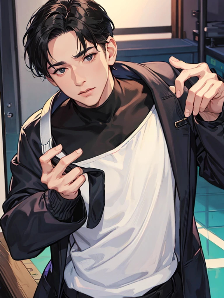 One Man, Portrait from chest up, Very short black hair, Old man in clothes, Please open your eyes a little, Male hand,Man's face,Male eyebrows, Male Eyes, Sharp Nose ,Long Nose, Shiny hair with wax, Black butler uniform, Iris, walking , A kind smile, Reminiscent of a novel cover, Dramatic lighting, Emphasize the contrast between light and shadow, (Official Art, Highest quality、unity 8k wallpaper、32k、masterpiece、Very detailed, grab your hair with your hands, Cinema Lighting, Isekai Tensei, anime,Beautiful light shining through the window, sense of cleanliness,