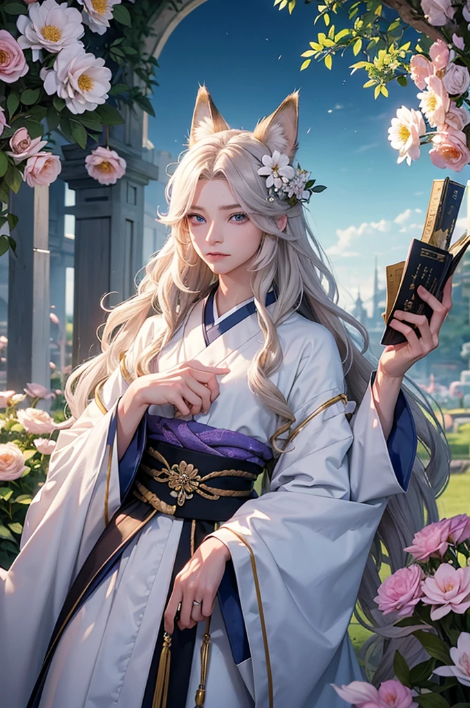 Androgynous young man, very long wavy blond hair, kimono, nice pose, kemonomimi, fox ear, fox tail, different-colored eyes, vair eyes, fine, long eyelashes, looking at camera, close-up portrait, man, garden, flower, one gray eye and one blue eye.