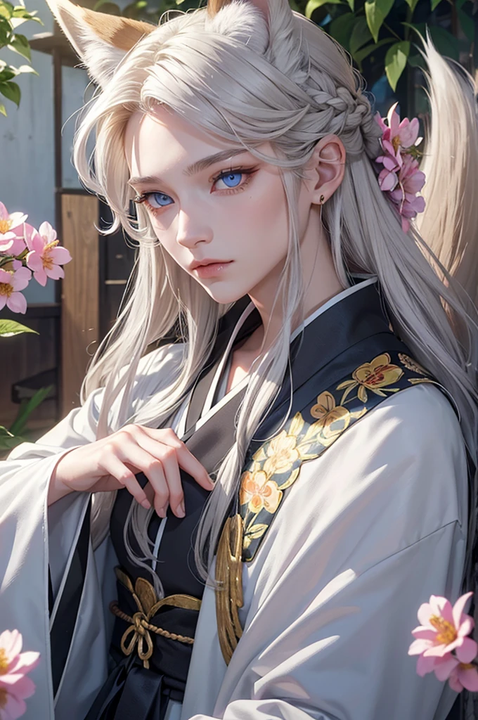 Androgynous young man, very long wavy blond hair, kimono, nice pose, kemonomimi, fox ear, fox tail, different-colored eyes, vair eyes, fine, long eyelashes, looking at camera, close-up portrait, man, garden, flower, one gray eye and one blue eye.