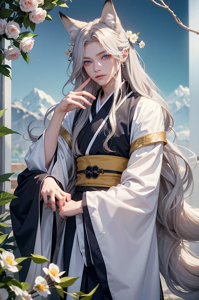 Androgynous young man, very long wavy blond hair, kimono, nice pose, kemonomimi, fox ear, fox tail, different-colored eyes, vair eyes, fine, long eyelashes, looking at camera, close-up portrait, man, garden, flower, one gray eye and one blue eye.