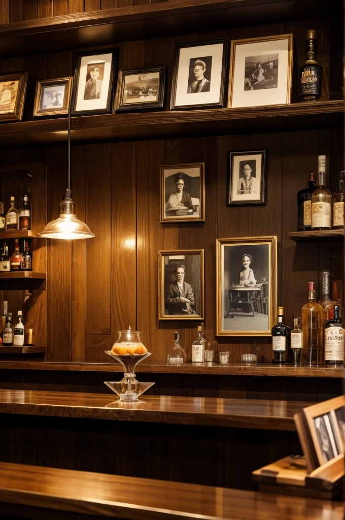 bar counter with old photographs of a woman, next to a whiskey bottle