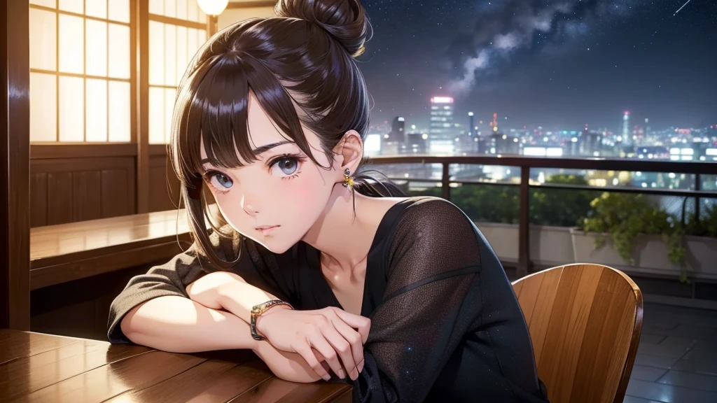 (Very detailed,High resolution,masterpiece:1.2)Night view from the balcony or terrace of a high-rise apartment building in Japan, Starry Sky、milky way、Tanabata bamboo decorations: Focus on women in their 20s to 40s with calm expressions. Light brown hair. She is wearing a jacket over a long-sleeved top.、Earring Accessories, bracelet, clock. .(Highest quality:1.2), Very detailed, High resolution, Tabletop:1,2, Vibrant colors, Bokeh, Professional Lighting, Physically Based Rendering, Flat Color:0.8, Fine 図, Realistic:1.37, Shinkai Makoto style, Your name style,long hair 、 Elegant update,ponytail,Hair Bun。。(masterpiece: 1,2)、(masterpiece: 1,2)、High resolution、超High resolution、Highest quality、High resolution、