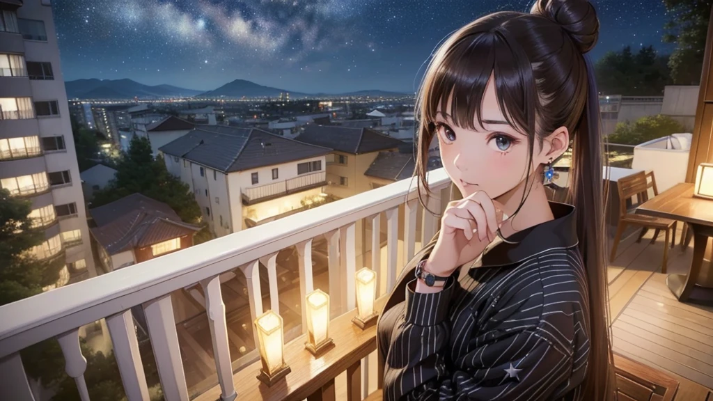 (Very detailed,High resolution,masterpiece:1.2)Night view from the balcony or terrace of a high-rise apartment building in Japan, Starry Sky、milky way、Tanabata bamboo decorations: Focus on women in their 20s to 40s with calm expressions. Light brown hair. She is wearing a jacket over a long-sleeved top.、Earring Accessories, bracelet, clock. .(Highest quality:1.2), Very detailed, High resolution, Tabletop:1,2, Vibrant colors, Bokeh, Professional Lighting, Physically Based Rendering, Flat Color:0.8, Fine 図, Realistic:1.37, Shinkai Makoto style, Your name style,long hair 、 Elegant update,ponytail,Hair Bun。。(masterpiece: 1,2)、(masterpiece: 1,2)、High resolution、超High resolution、Highest quality、High resolution、