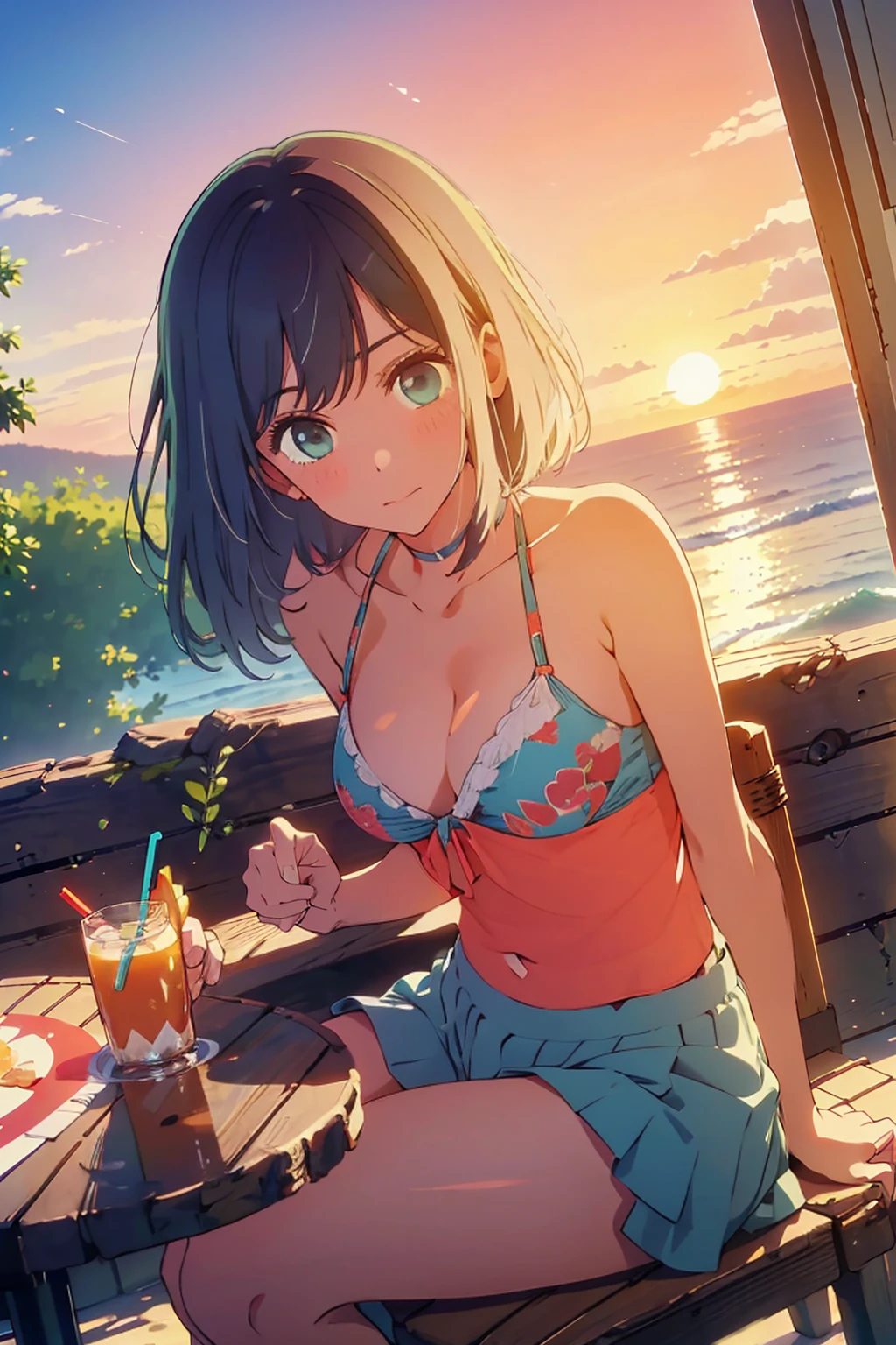 (Highest quality:1.4、masterpiece:1.4、Super detailed:1.4、8K:1.4)、Slim body、((((1 person、Surprised expression、sit、Outdoor café terrace、coastal、juice、table、Sandy Beach、bikini、juiceのグラスを持つ、Big eyes、Shallow depth of field、Very cute face))))、(((sunset、Sunset)))、((bikiniサイズは小さい))、F cup bust、Big Breasts、Get up close and take a photo