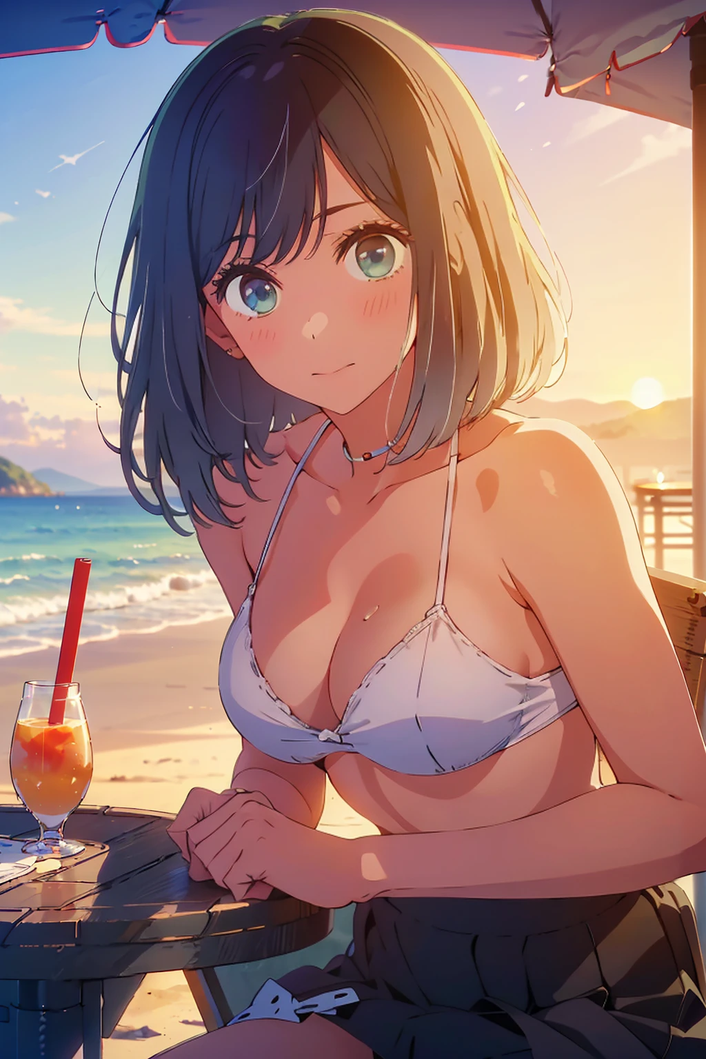 (Highest quality:1.4、masterpiece:1.4、Super detailed:1.4、8K:1.4)、Slim body、((((1 person、Surprised expression、sit、Outdoor café terrace、coastal、juice、table、Sandy Beach、bikini、juiceのグラスを持つ、Big eyes、Shallow depth of field、Very cute face))))、(((sunset、Sunset)))、((bikiniサイズは小さい))、F cup bust、Big Breasts、Get up close and take a photo
