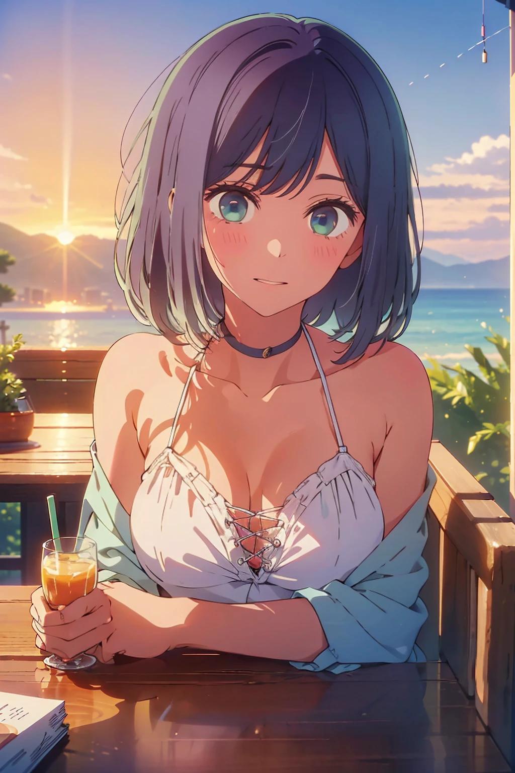 (Highest quality:1.4、masterpiece:1.4、Super detailed:1.4、8K:1.4)、Slim body、((((1 person、Surprised expression、sit、Outdoor café terrace、coastal、juice、table、Sandy Beach、bikini、juiceのグラスを持つ、Big eyes、Shallow depth of field、Very cute face))))、(((sunset、Sunset)))、((bikiniサイズは小さい))、F cup bust、Big Breasts、Get up close and take a photo