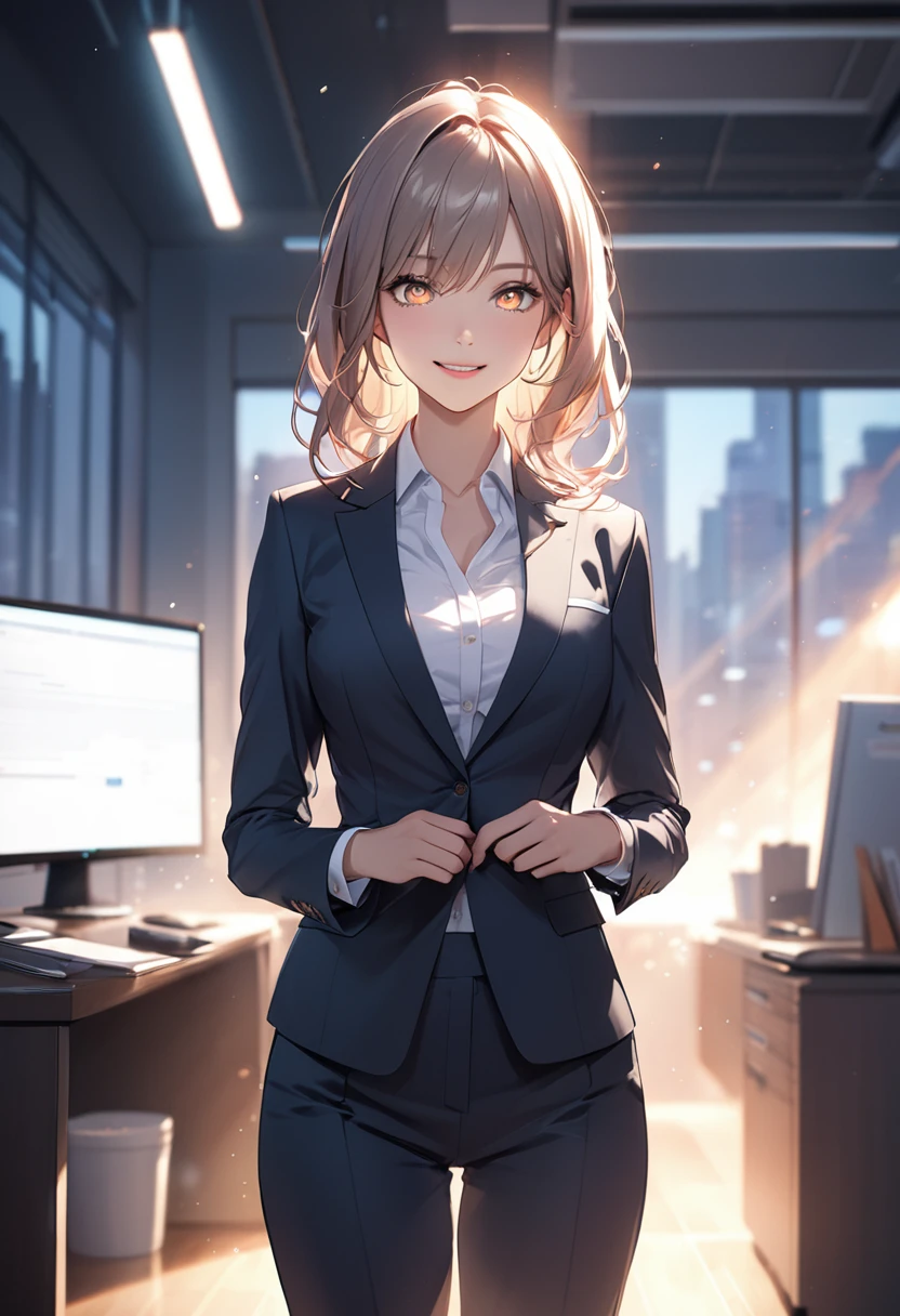 (masterpiece:1.5),(Beat quality),(high res),1girl solo,smile(shining eyes),light effects,Business Suit Woman,Inside the office