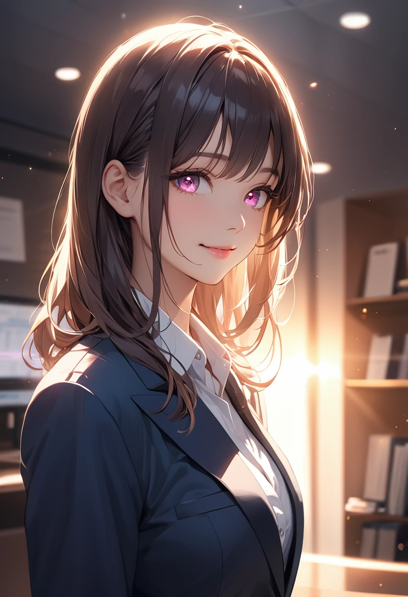 (masterpiece:1.5),(Beat quality),(high res),1girl solo,smile(shining eyes),light effects,Business Suit Woman,Inside the office