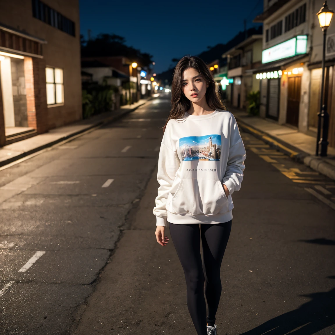 gorgeous young colombianwoman, With the scenery of Rio de Janeiro at night , wearing a legging and a sweatshirt, full body, beautiful face, masterpiece, best quality, ultra-detailed, solo, shadows, contrast, cinematic light, side lighting, ultra high resolution, best shadow, RAW, 4k, 85 mm, poca profundidad de campo, Kodak Vision Color, estremadamente detailado, Cinematographer_\(ultra\), photorealistic, Realstic, Postproceso, Maximum details, aspereza, vida real, ultra realista, fotorreallsmo, Cinematographer, 8k UHD, Cinematographer