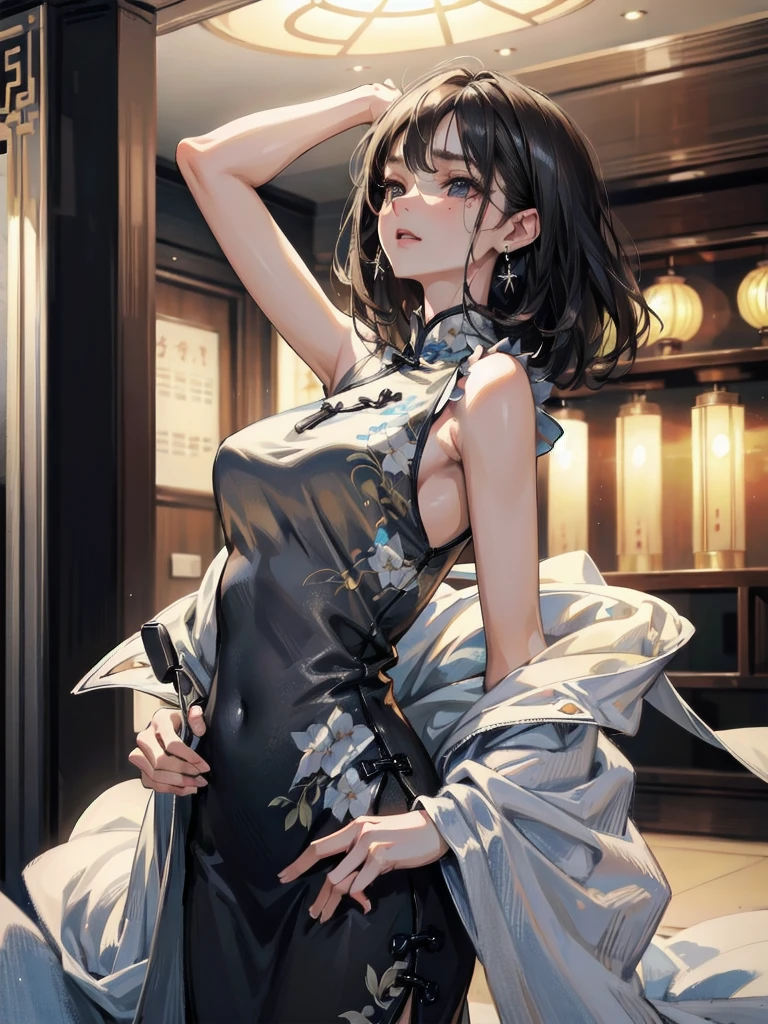 absurdres, RAW photo, extremely delicate and beautiful, masterpiece, Best Quality, ultra high resolution, 32k, hyperrealistic, ultra-detailed, in her 20s, delicate facial features, tearful mole, earring, medium breasts, full body shot, shorter middle hair, black hair, cheongsam